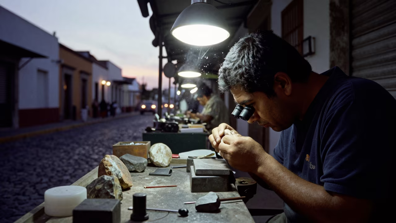Silhouetted Jeweler Setting Stone in Oaxaca Bazaar in at a goldsmith bench in a bazaar jewelry lane in Oaxaca