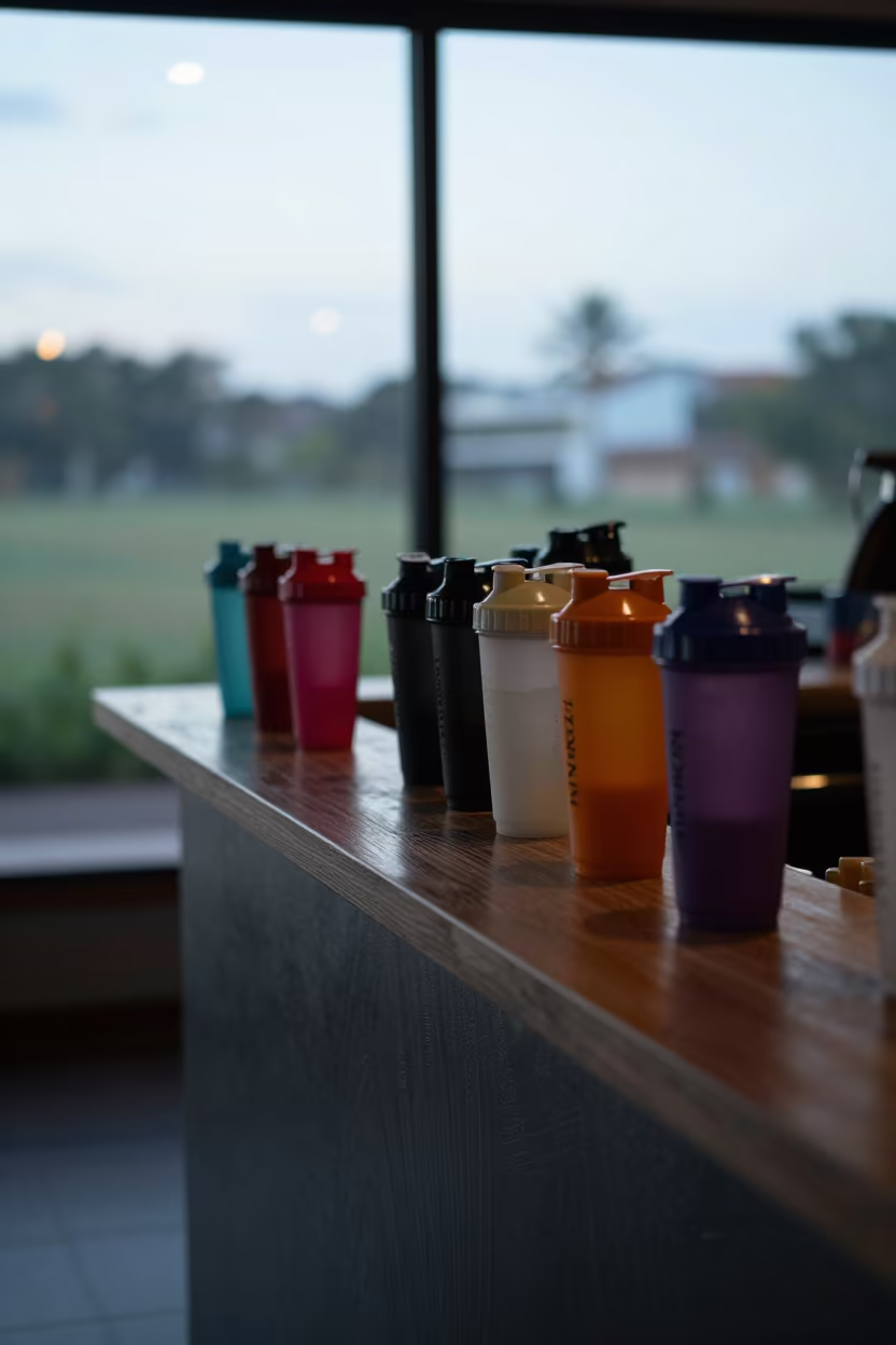 Silhouetted Juice Bar Shaker Cups Dawn Light Manaus in inside a yoga studio before the session begins in Manaus