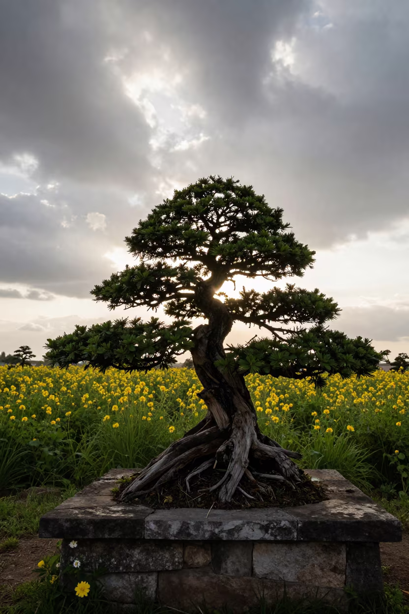 Silhouetted Juniper Bonsai on Stone in Summer Meadow in in a bloom-heavy meadow near Matamoros