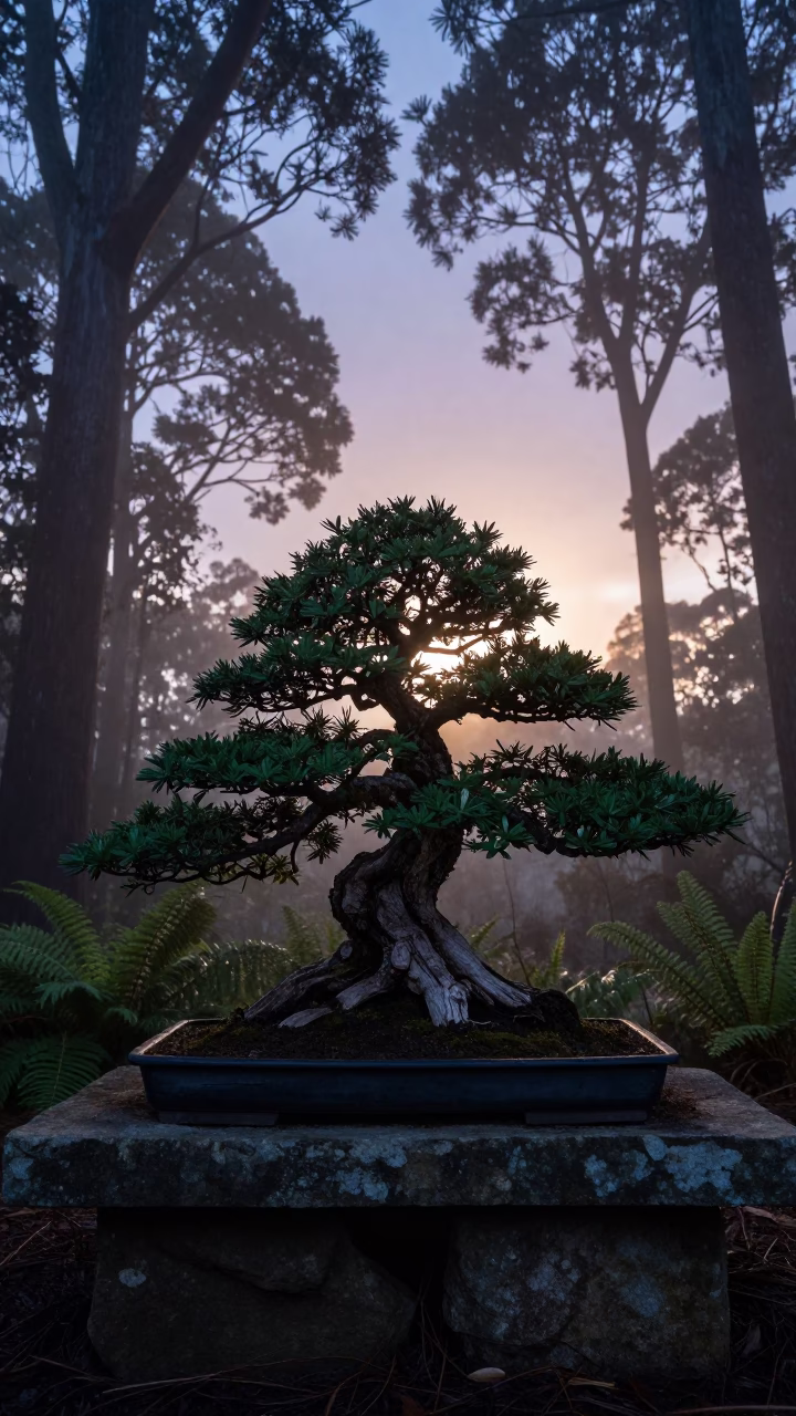 Silhouetted Juniper Bonsai on Stone in Twilight Forest in on a fern-lined forest floor in New South Wales