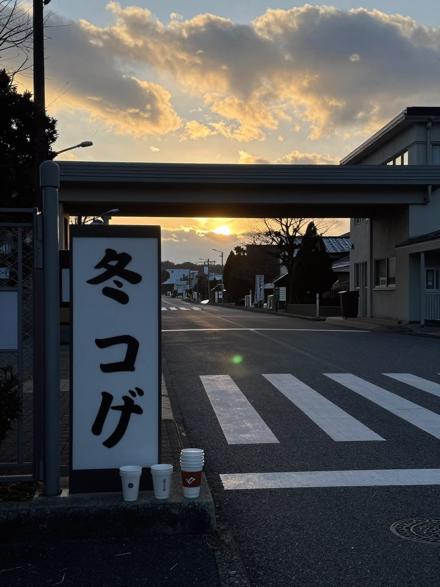 Silhouetted Jury Signs at Winter Sunset School Gate in at a crosswalk by a school gate near Nagoya