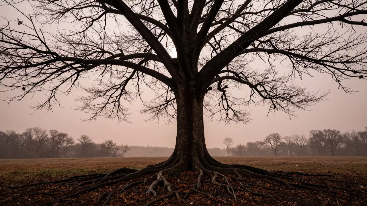 Silhouetted Kapok Tree with Buttress Roots in Winter Drizzle in in a bloom-heavy meadow in Arkansas