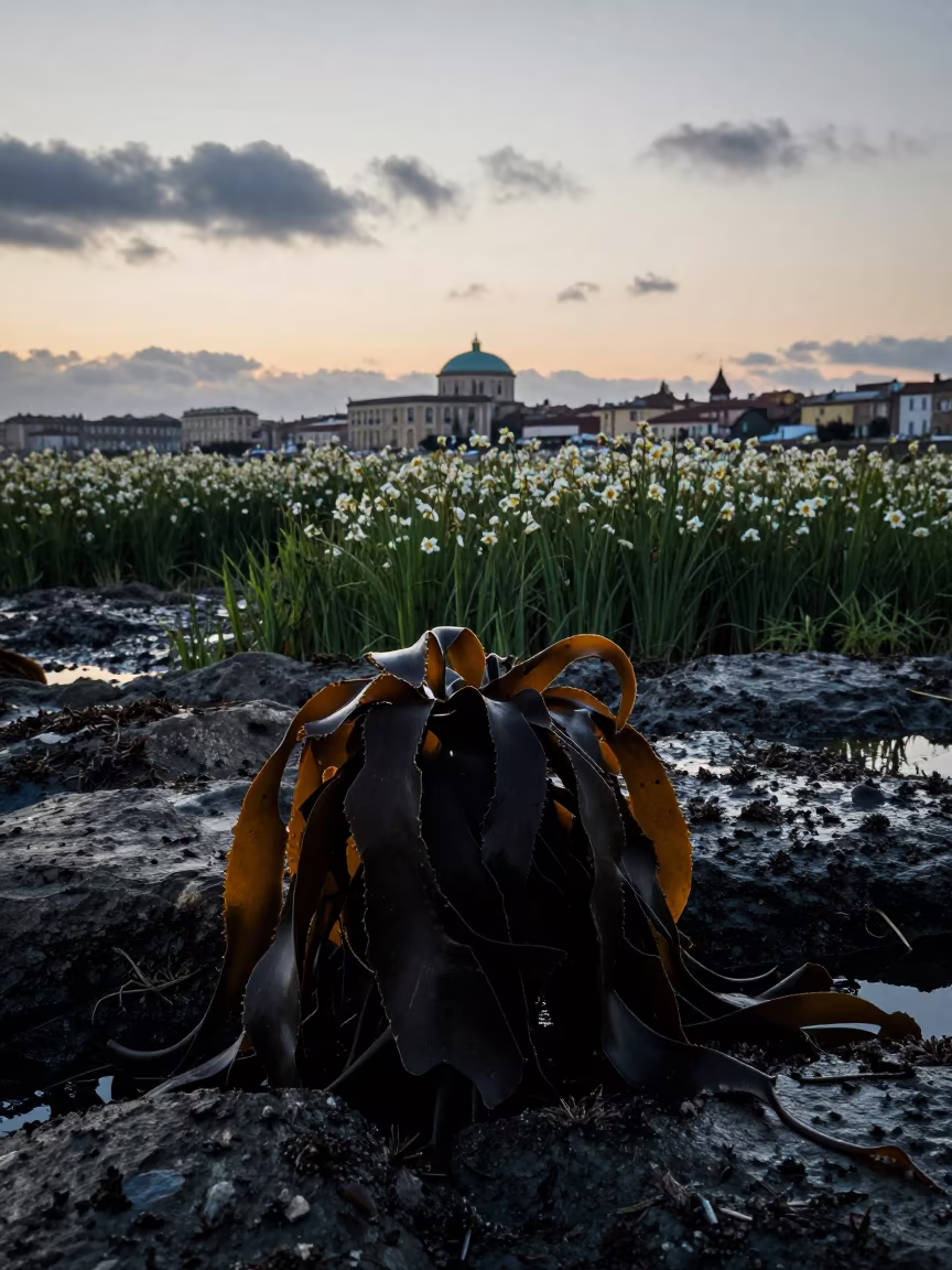Silhouetted Kelp Holdfast on Tidal Rock at Dawn in in a bloom-heavy meadow near Centro Storico, Naples