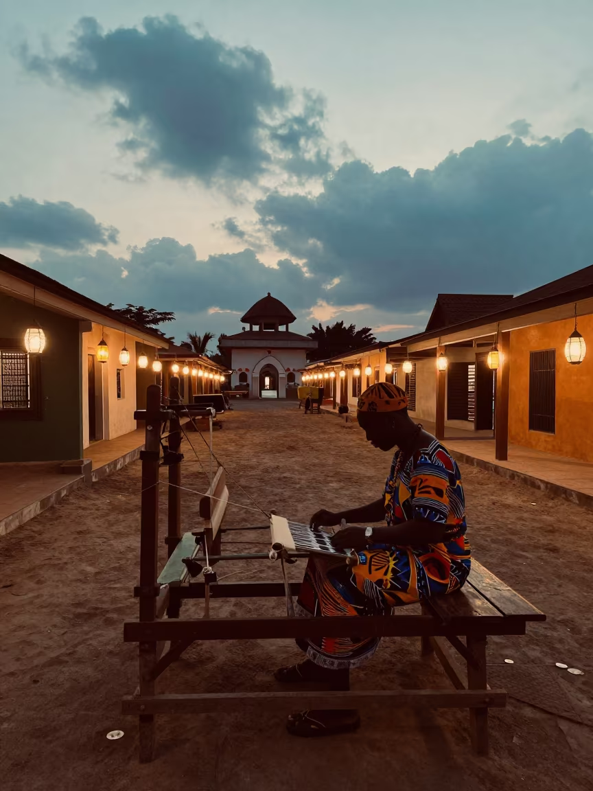 Silhouetted Kente Weaver at Lagos Shrine Loom in in a shrine lined with lanterns near Victoria Island, Lagos