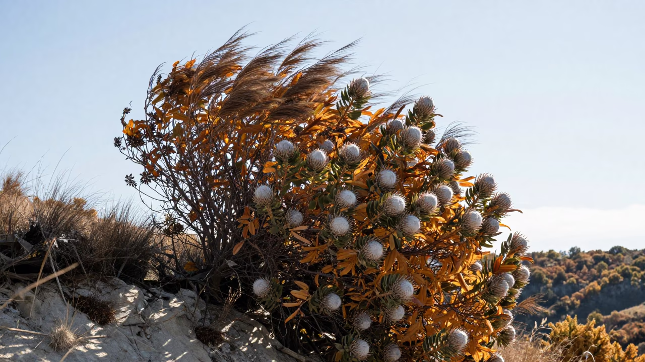 Silhouetted King Protea Bush on Luxembourg Cliff in along a salt-sprayed cliff edge in Luxembourg