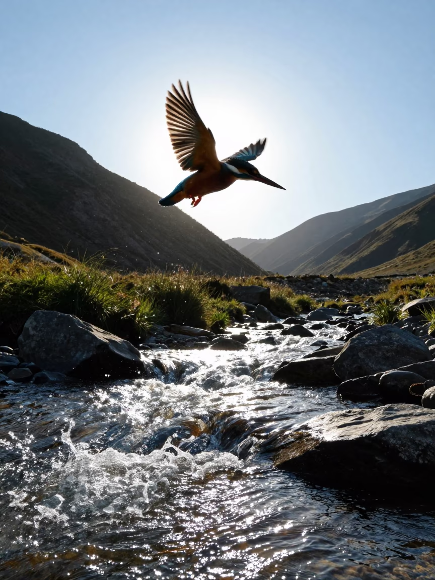 Silhouetted Kingfisher Diving Over Glacial Stream in above a glacial stream near Lviv