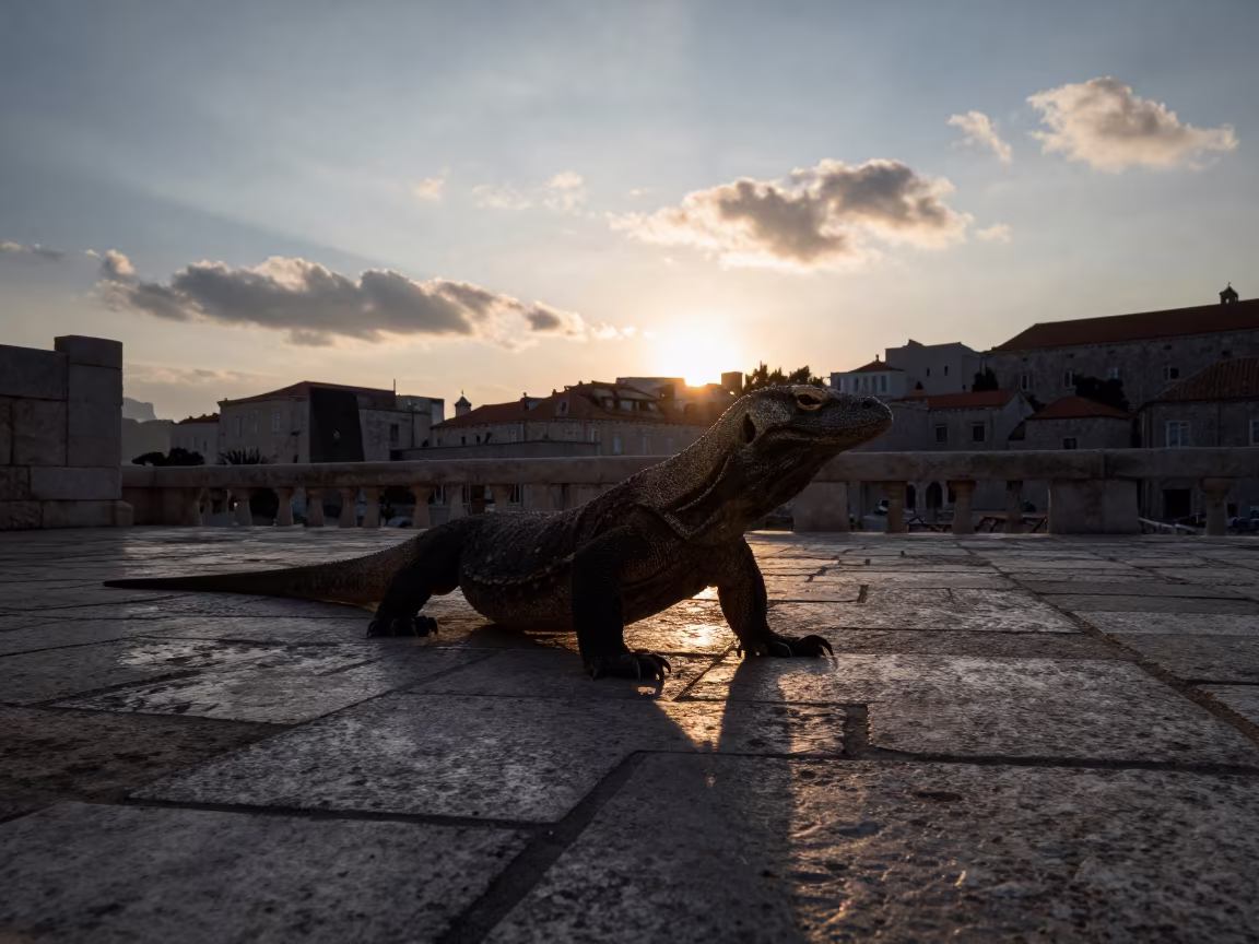 Silhouetted Komodo Dragon on Dubrovnik Beach in along a game trail near Stradun, Dubrovnik