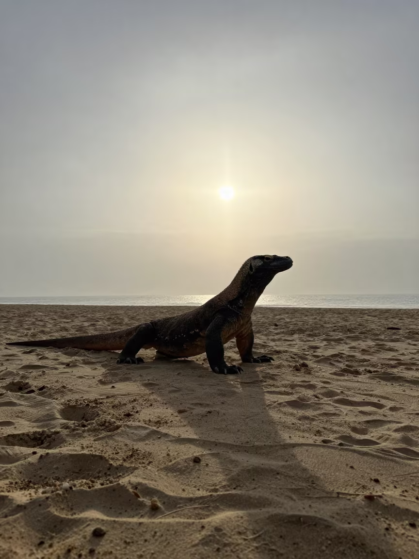 Silhouetted Komodo Dragon on Haifa Beach Morning in near Haifa