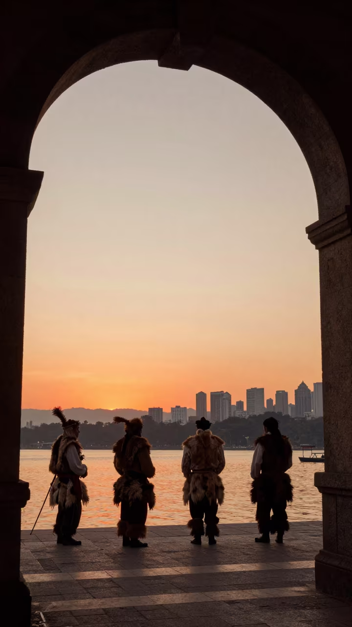 Silhouetted Kukeri Dancers at Sunset Waterfront in at a waterfront celebration near Chow Kit, Kuala Lumpur