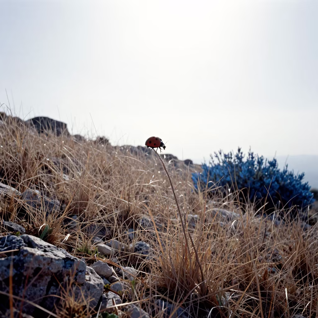 Silhouetted Ladybug on Wind-Scoured Grass Ridge in on a wind-scoured ridge in the French Riviera