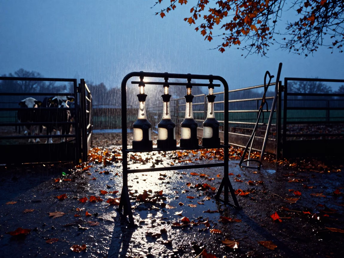 Silhouetted Lamb Feeding Rack in Autumn Rain in inside a ranch corral in England
