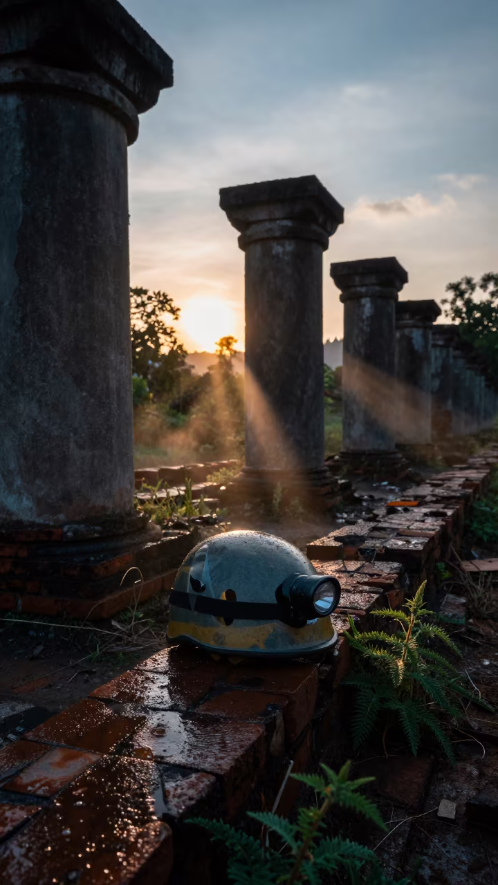 Silhouetted Lamp on Wet Brick Ruin in among toppled columns and nettles near Vang Vieng