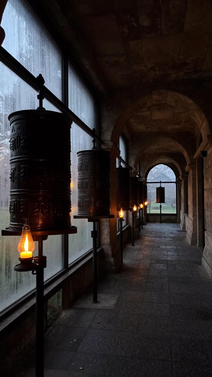 Silhouetted Lamps in Autumn Temple Corridor in beside a prayer wheel corridor in Chihuahua