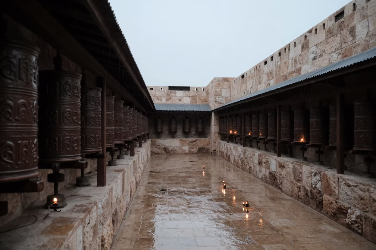 Silhouetted Lamps in Stone Temple Corridor in beside a prayer wheel corridor in New Borg El Arab