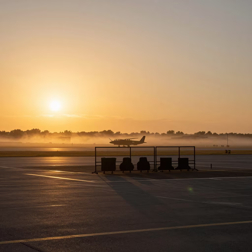 Silhouetted Landing Zone Panel Kit at Golden Hour in along an airbase flight line near Badajoz