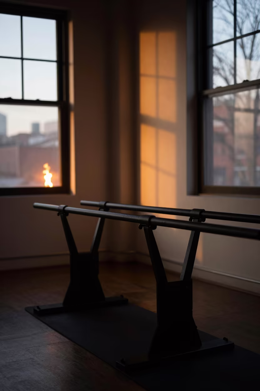 Silhouetted Lap Counter Clicker Rail Before Dawn Yoga in inside a yoga studio before the session begins near Williamsburg, New York