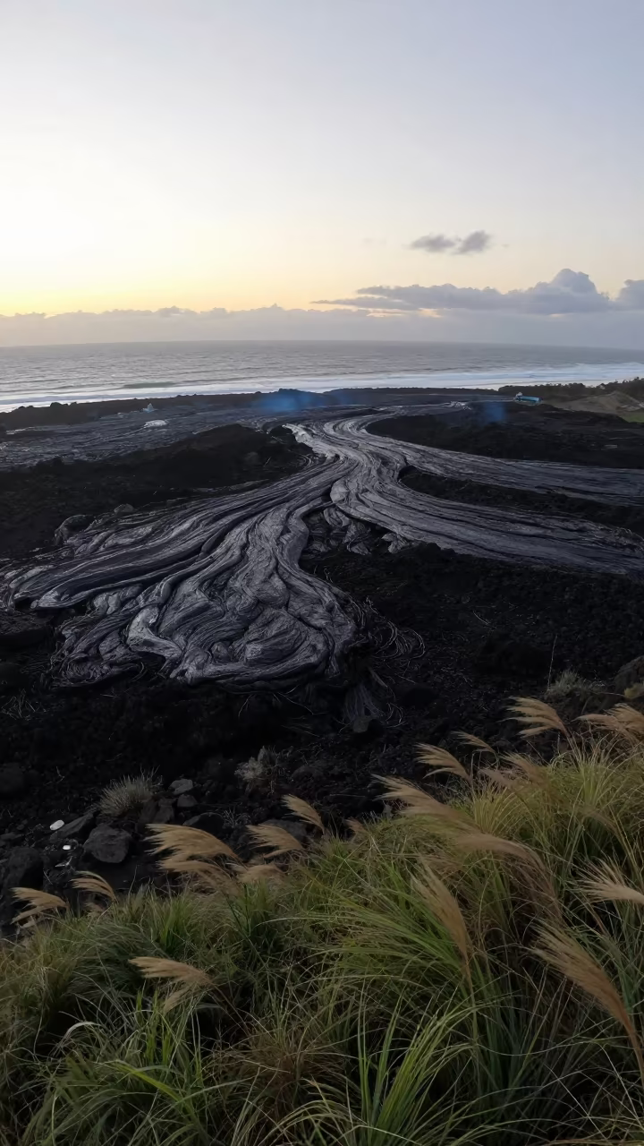 Silhouetted Lava Flow Meets Ocean at Dawn in across a wide valley floor near Bogotá