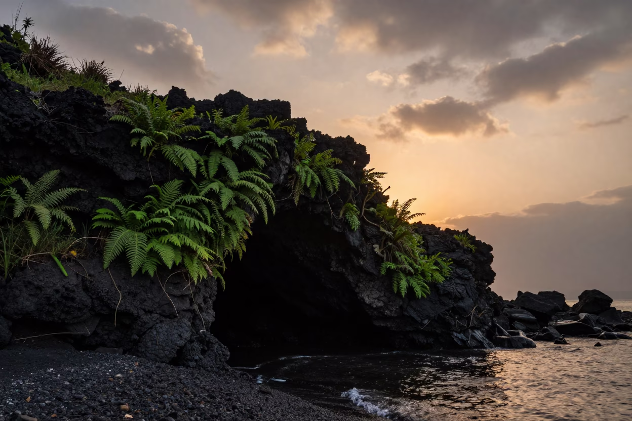 Silhouetted Lava Tube Cave with Ferns at Dusk in along a wave-cut shoreline near Patan, Kathmandu
