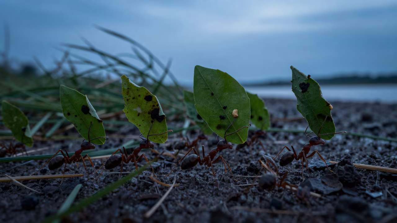 Silhouetted Leaf Cutter Ants at Blue Hour in beside a tidal inlet near Abuja