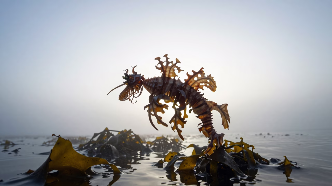 Silhouetted Leafy Sea Dragon in Dawn Mist in along a game trail near Naples