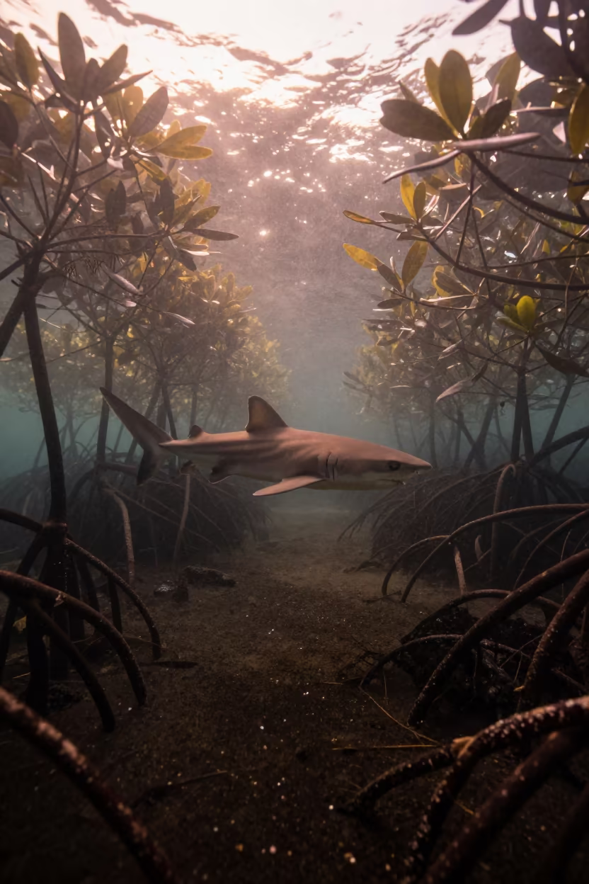 Silhouetted Lemon Shark Pup in Phnom Penh Mangroves in near Old Market, Phnom Penh