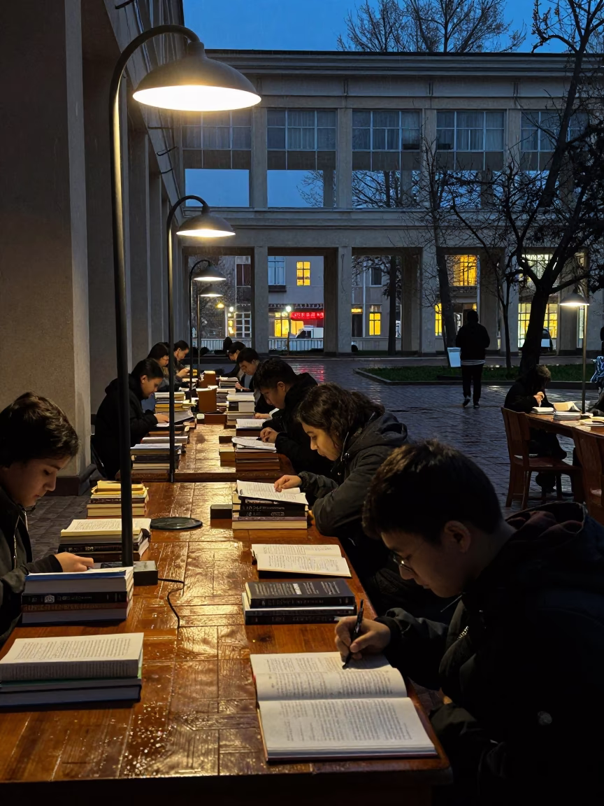 Silhouetted Library Lamps and Books Under Karaganda Cloister in beneath a university cloister in Karaganda