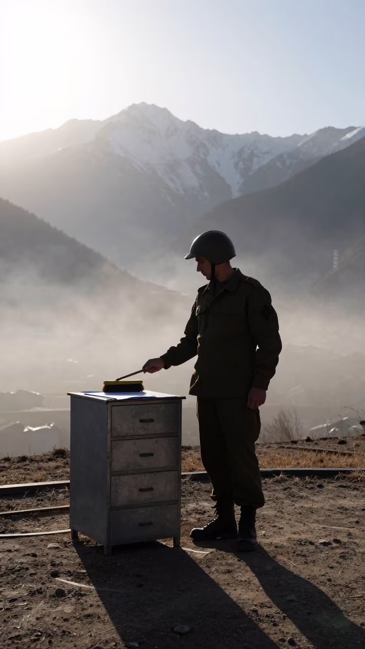 Silhouetted Lint Brush Drawer Late Afternoon in on a parade ground in the Caucasus