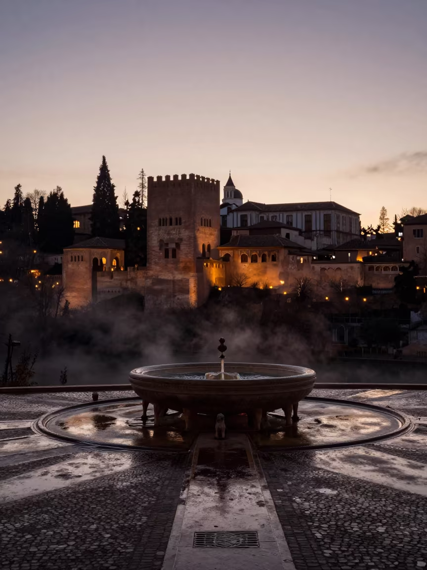 Silhouetted Lion Fountain Albaicin Winter Evening in beside a tidal inlet near Albaicin, Granada