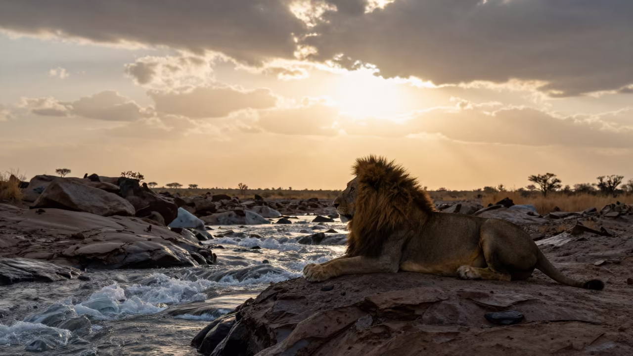 Silhouetted Lion Resting Above Glacial Stream in above a glacial stream in Namibia