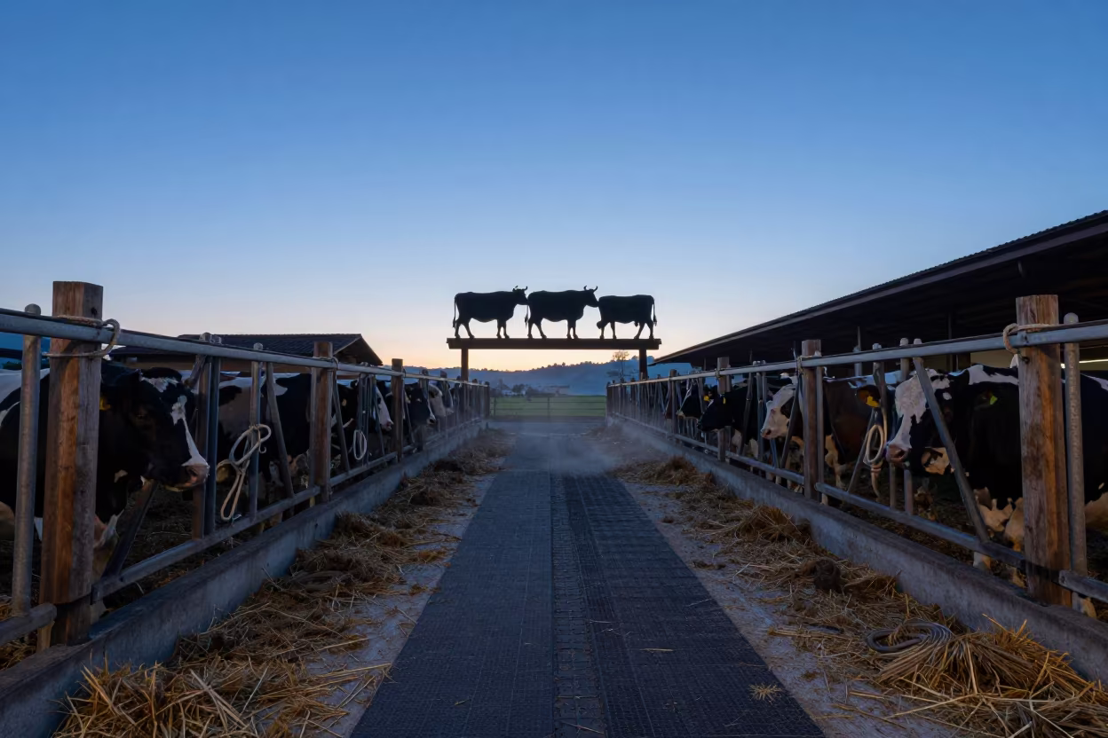 Silhouetted Livestock Scale in Swiss Twilight in along a feedlot lane in Switzerland