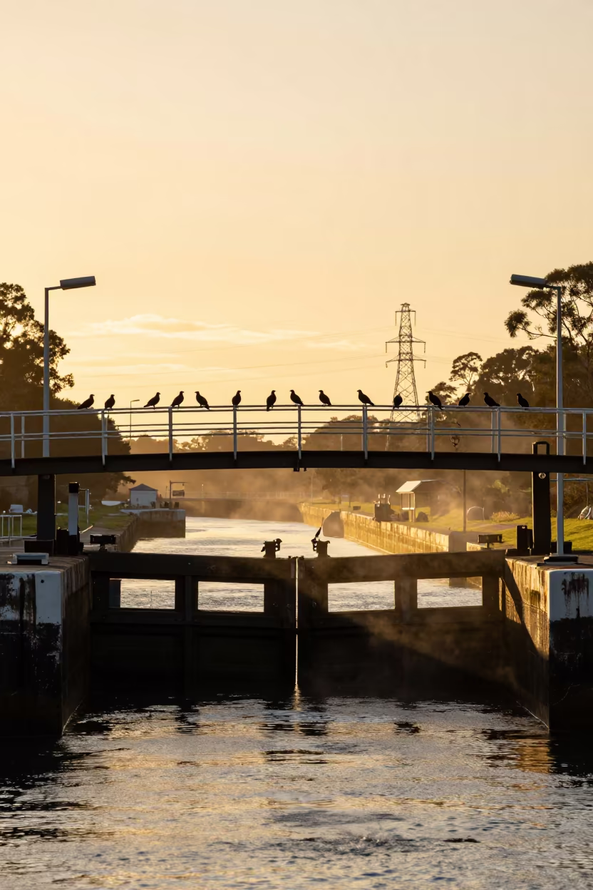 Silhouetted Lock Footbridge Over Black Water in beneath transmission towers in Queensland