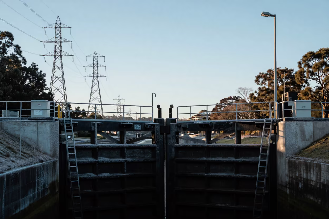Silhouetted Lock Gate Winter Frost Sydney in beneath transmission towers near Sydney
