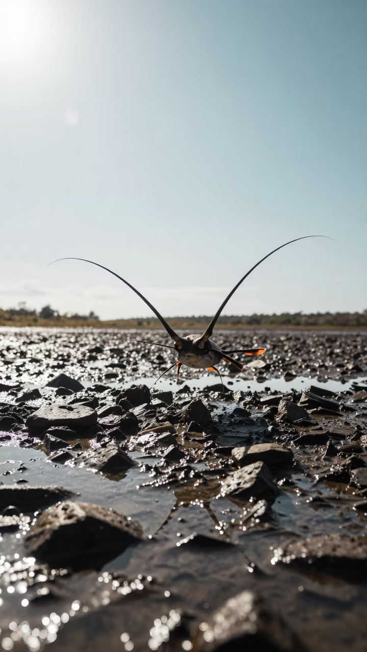 Silhouetted Longhorn Cowfish Over Andean Floodplain Rubble in across a floodplain after rain in the Andes