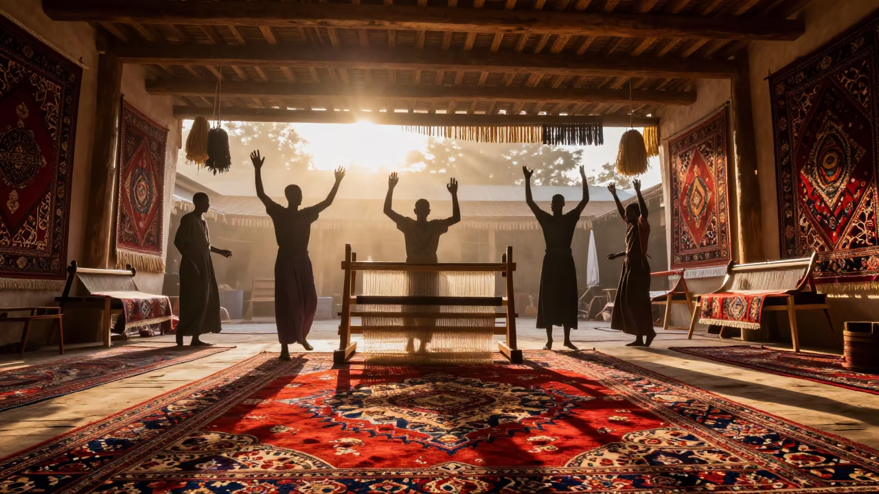 Silhouetted Loom in Bonon Hall in in a ceremonial hall in Bonon