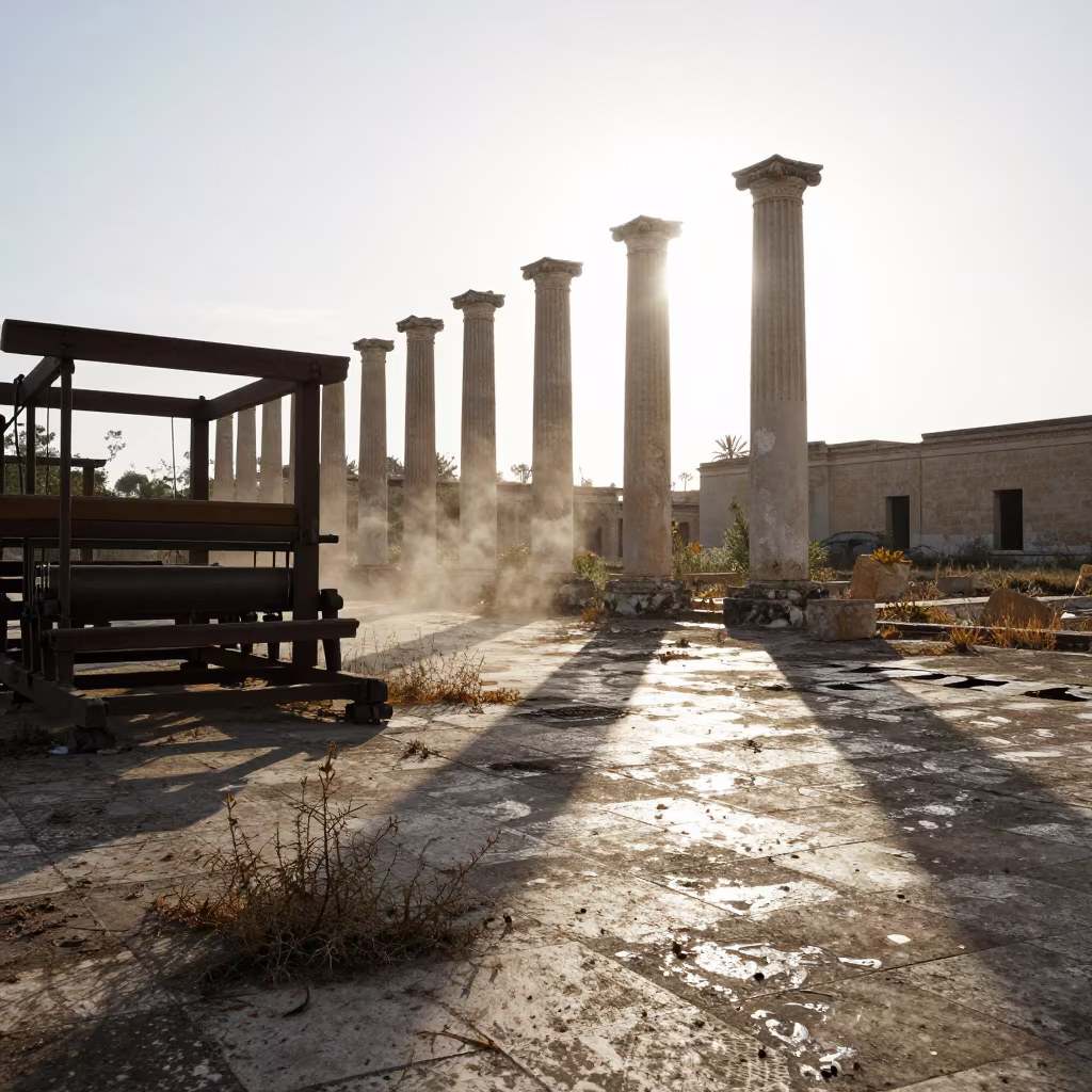 Silhouetted Looms in Malta Mill After Rain in among toppled columns and nettles in Malta