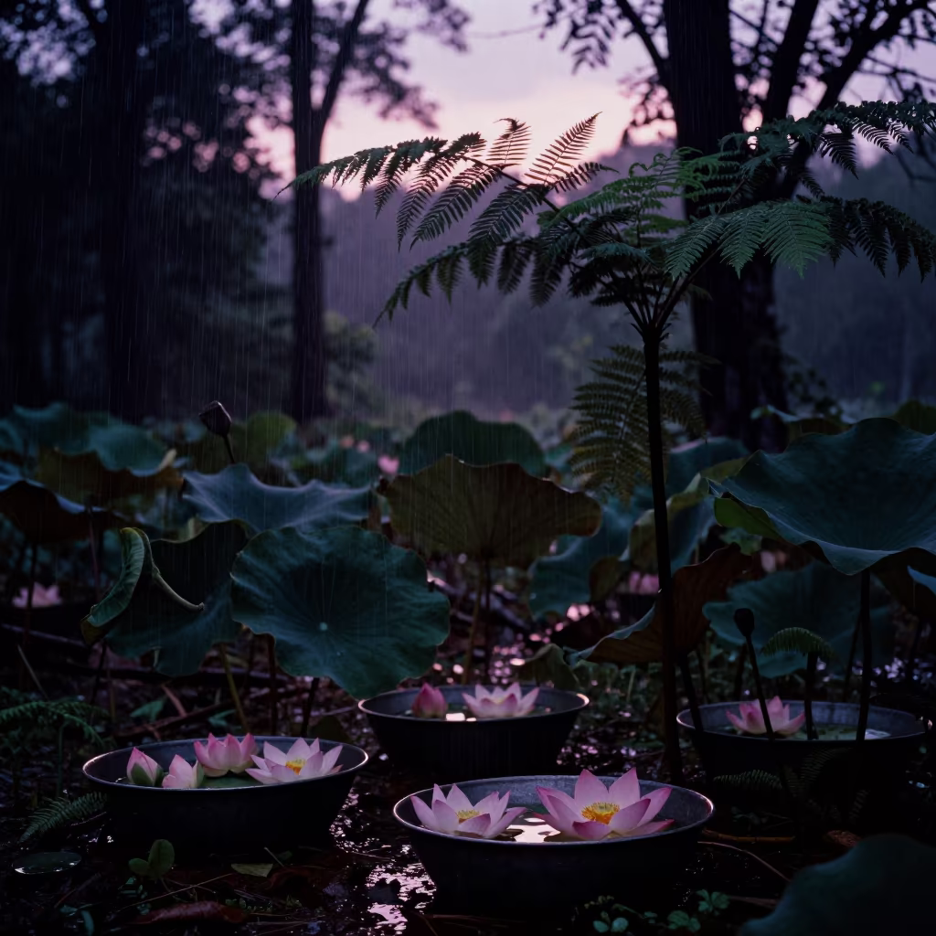 Silhouetted Lotus Blossoms in Basins at Twilight in on a fern-lined forest floor in Tanzania