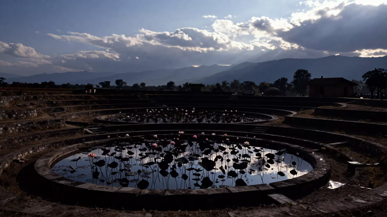 Silhouetted Lotus Field in Jharkhand Garden in among terraced garden plots in Jharkhand