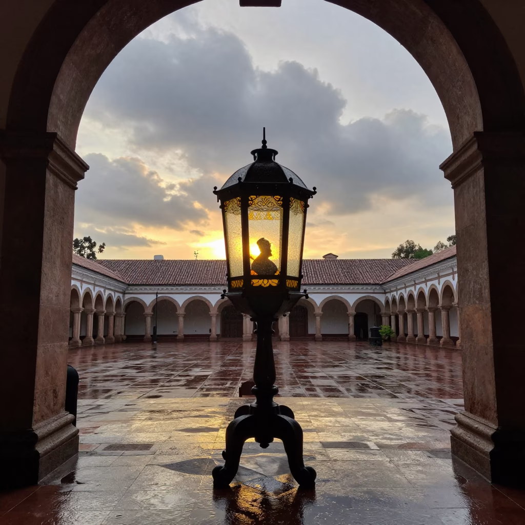 Silhouetted Magic Lantern in Bogota Temple Courtyard in in a temple courtyard in Paloquemao Market, Bogota
