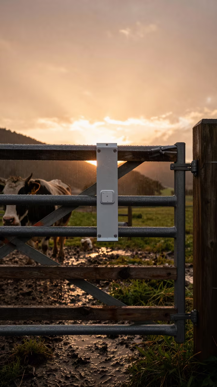 Silhouetted Magnet Strip Beside Austrian Pasture Gate in beside a pasture gate in Austria