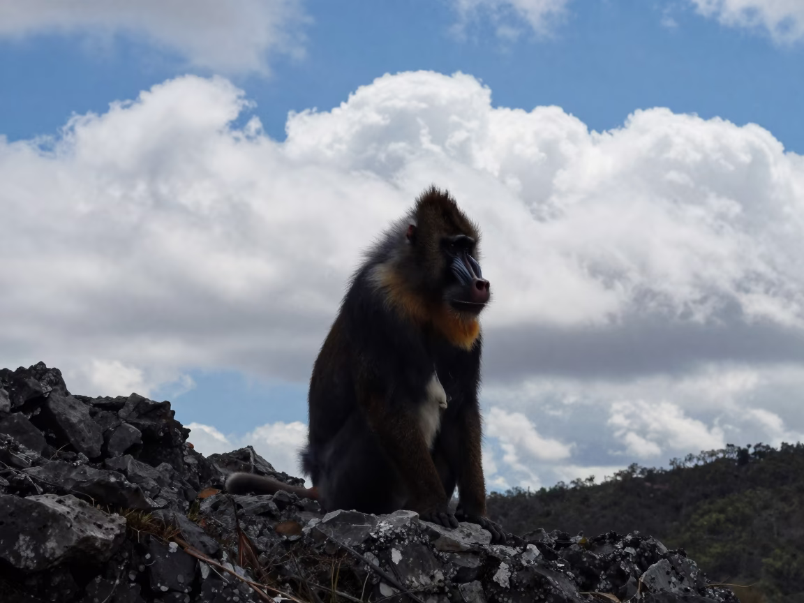 Silhouetted Mandrill Against Dramatic Clouds in in Bahamas