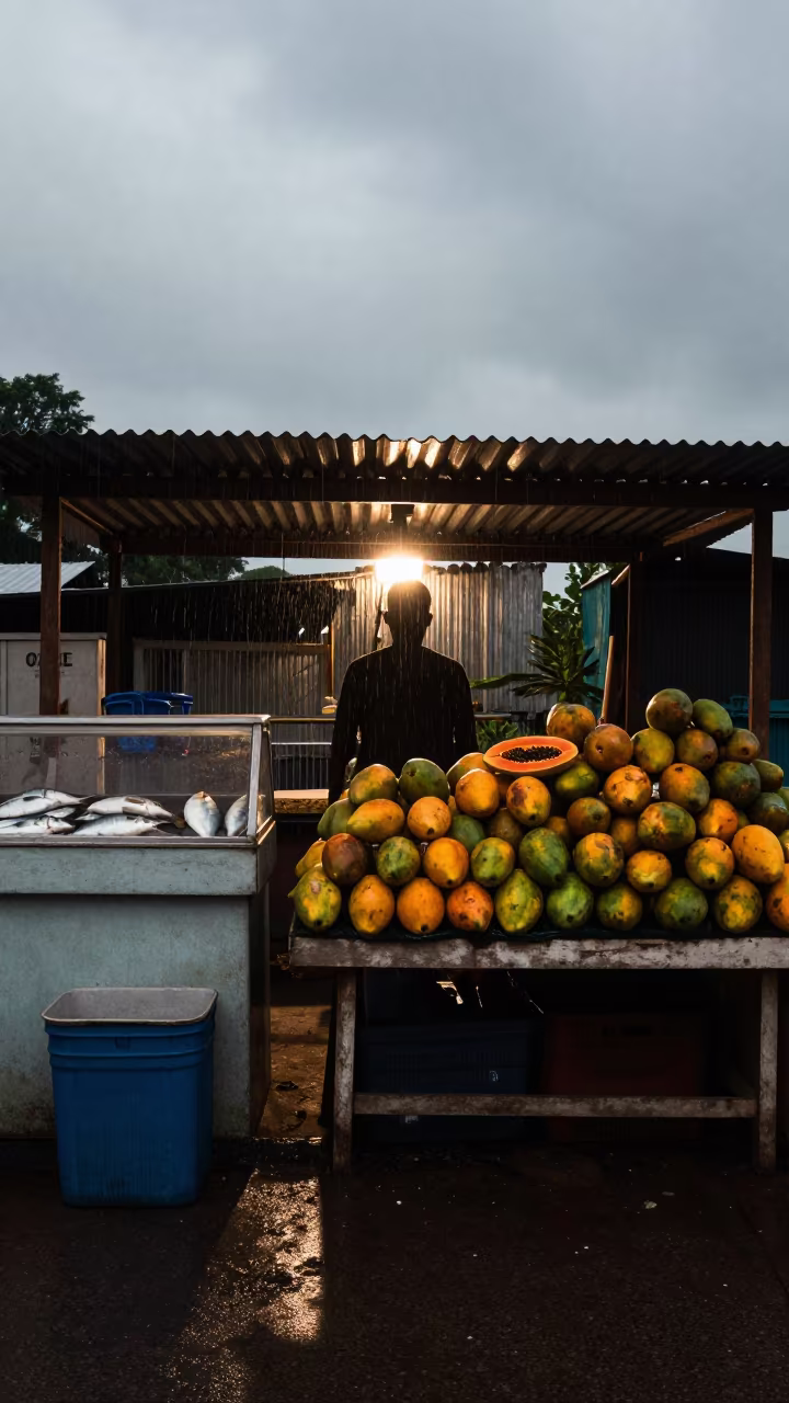 Silhouetted Mango Papaya Stall Idanre Market in beside a fish counter in Idanre