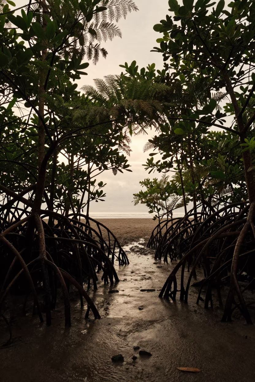 Silhouetted Mangrove Roots After Sunrise in on a fern-lined forest floor in Colombia