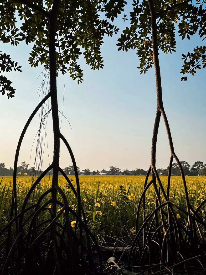 Silhouetted Mangrove Roots in Golden Light in in a bloom-heavy meadow near Bangkok