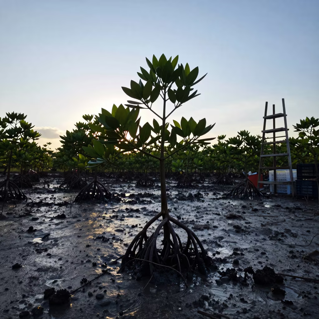 Silhouetted Mangrove Seedling in Denpasar Tidal Mud in among orchard ladders and crates near Denpasar