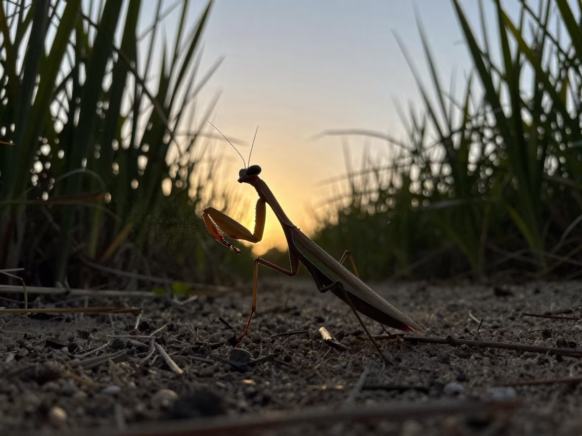 Silhouetted Mantis Hunting at Sunset in Cuban Reed Bed in at the edge of a reed bed near Santiago de Cuba