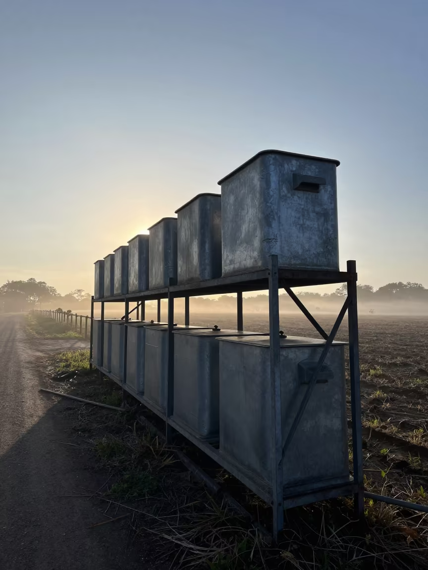 Silhouetted Manure Cooler Shelf Before Dawn in Pará in along a feedlot lane in Pará