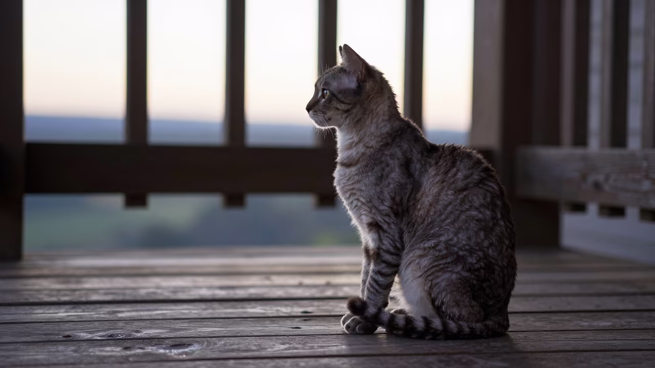 Silhouetted Manx Cat on Shaded Porch at Dusk in on a shaded front porch with boards, railings, and eye-level framing near El Alto