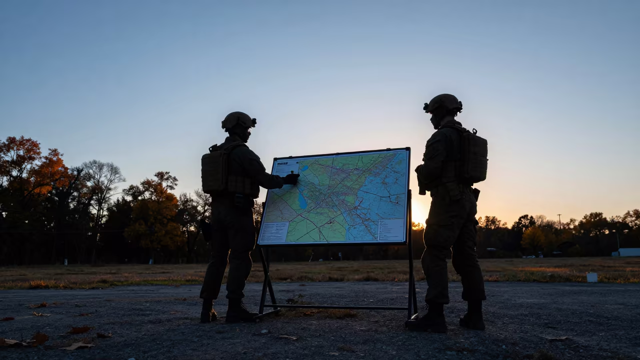 Silhouetted Map Board Between Drills in on a parade ground in Seeb