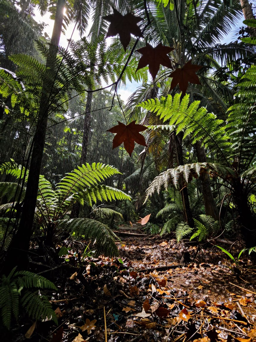 Silhouetted Maple Leaves Fall in Dry Monsoon Forest in on a fern-lined forest floor near Belgaum
