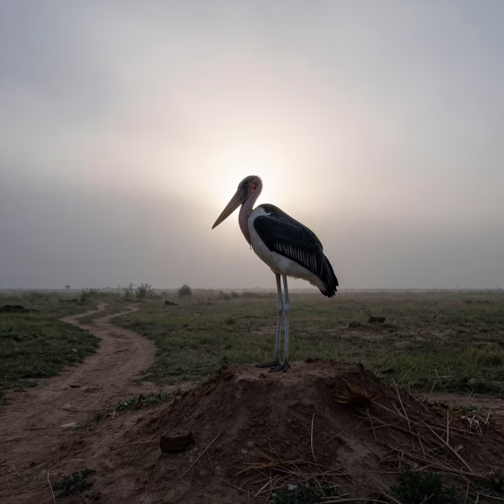 Silhouetted Marabou Stork on Termite Mound Dawn in along a game trail near Sulaymaniyah